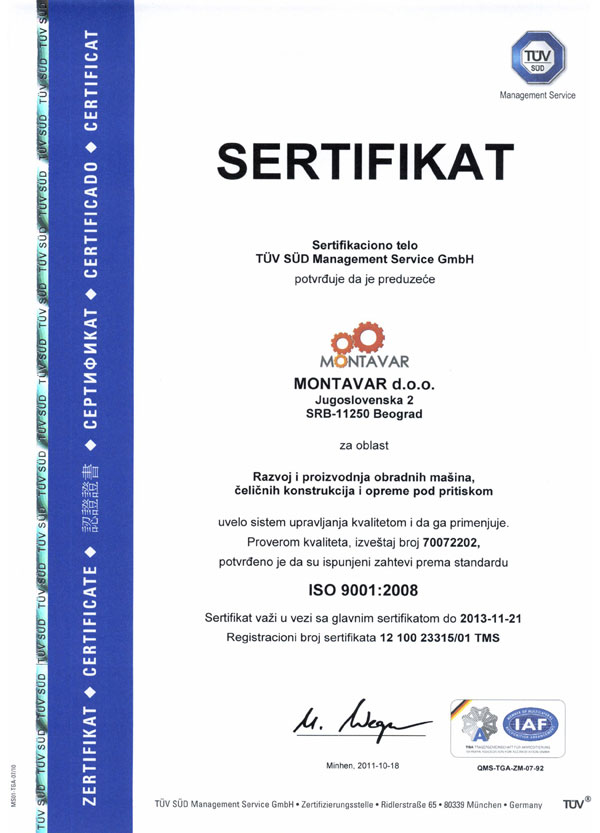 MONTAVAR podcertifikat 01 9001